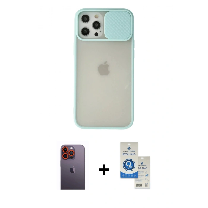MARSİLYAN™- iPhone 12 Pro Max Kılıf Vadi Çizgi - Şeffaf Royal Nano Ekran Koruyucu + Neon Fosforlu Kamera Lens - TU