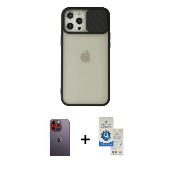 MARSİLYAN™- iPhone 12 Pro Max Kılıf Vadi Çizgi - Şeffaf Royal Nano Ekran Koruyucu + Neon Fosforlu Kamera Lens - TU