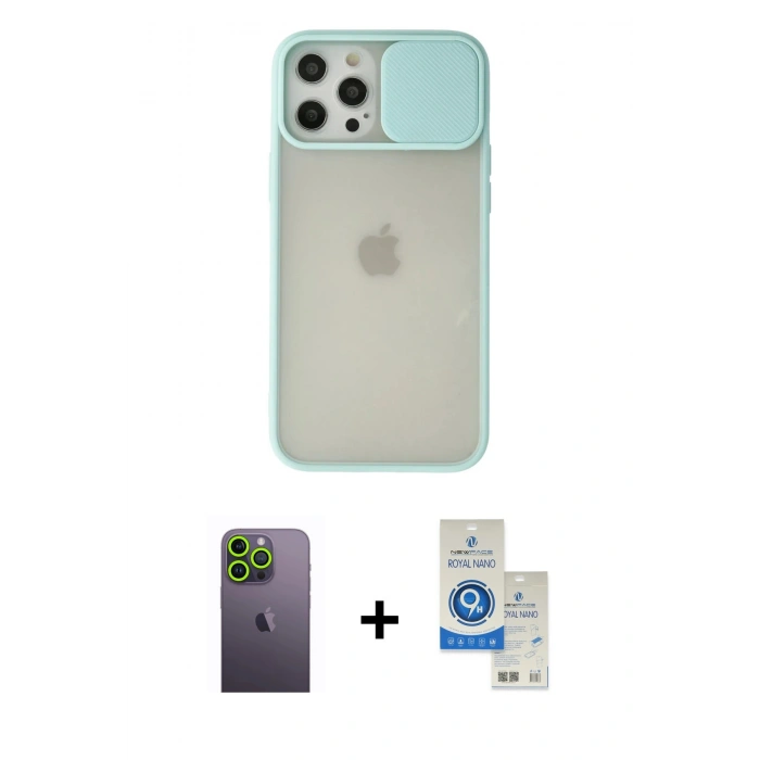 MARSİLYAN™- iPhone 12 Pro Max Kılıf Vadi Çizgi - Şeffaf Royal Nano Ekran Koruyucu + Neon Fosforlu Kamera Lens - YL