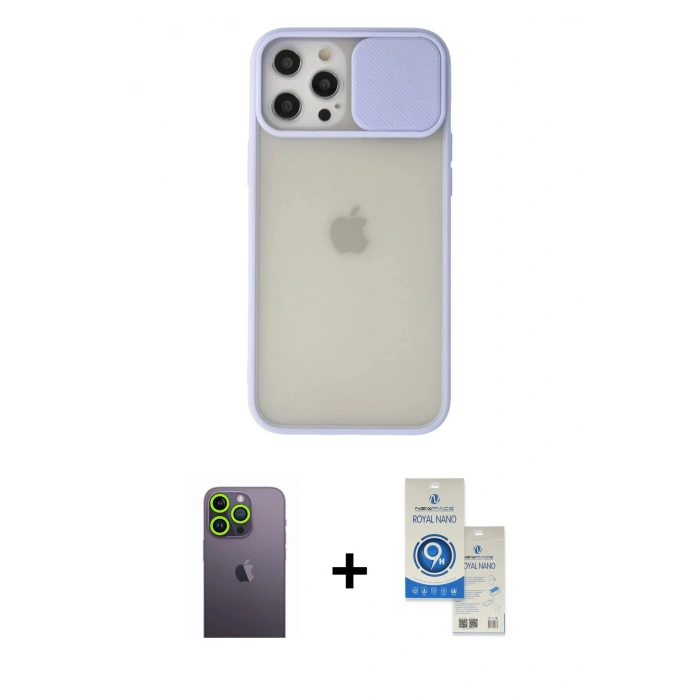 MARSİLYAN™- iPhone 12 Pro Max Kılıf Vadi Çizgi - Şeffaf Royal Nano Ekran Koruyucu + Neon Fosforlu Kamera Lens - YL