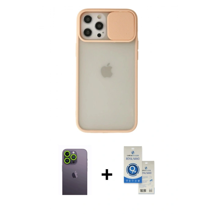 MARSİLYAN™- iPhone 12 Pro Max Kılıf Vadi Çizgi - Şeffaf Royal Nano Ekran Koruyucu + Neon Fosforlu Kamera Lens - YL