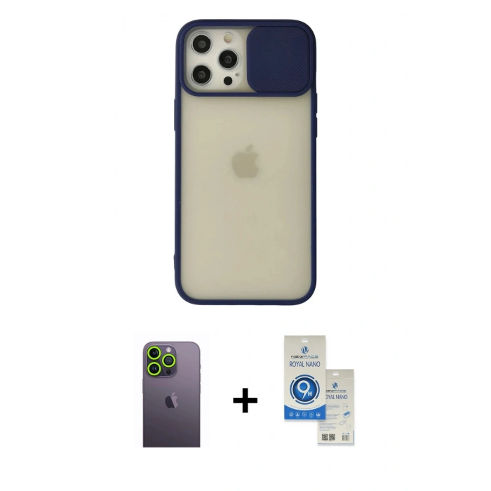 MARSİLYAN™- iPhone 12 Pro Max Kılıf Vadi Çizgi - Şeffaf Royal Nano Ekran Koruyucu + Neon Fosforlu Kamera Lens - YL