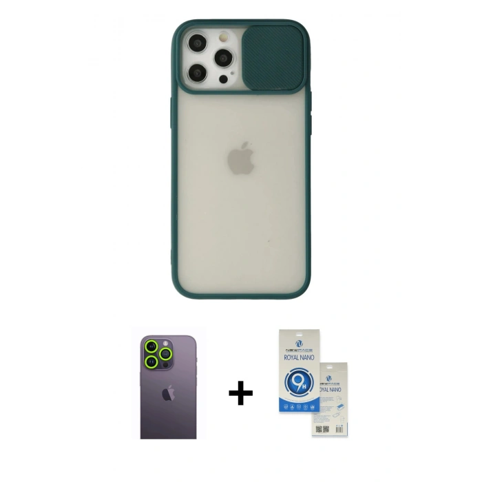 MARSİLYAN™- iPhone 12 Pro Max Kılıf Vadi Çizgi - Şeffaf Royal Nano Ekran Koruyucu + Neon Fosforlu Kamera Lens - YL