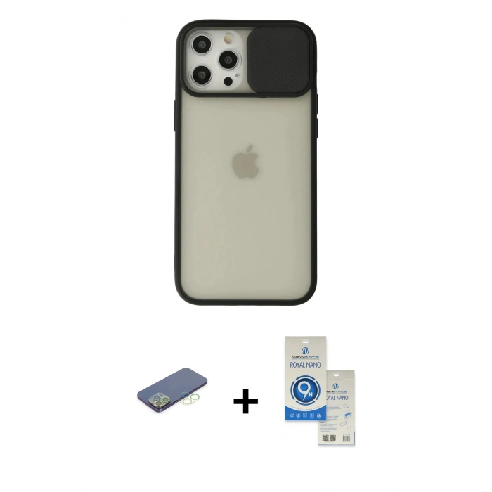 MARSİLYAN™- iPhone 12 Pro Max Kılıf Vadi Çizgi - Şeffaf Royal Nano Ekran Koruyucu + Yeşil Renkli Kamera Lens Koruma Cam