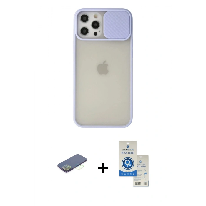 MARSİLYAN™- iPhone 12 Pro Max Kılıf Vadi Çizgi - Şeffaf Royal Nano Ekran Koruyucu + Yeşil Renkli Kamera Lens Koruma Cam