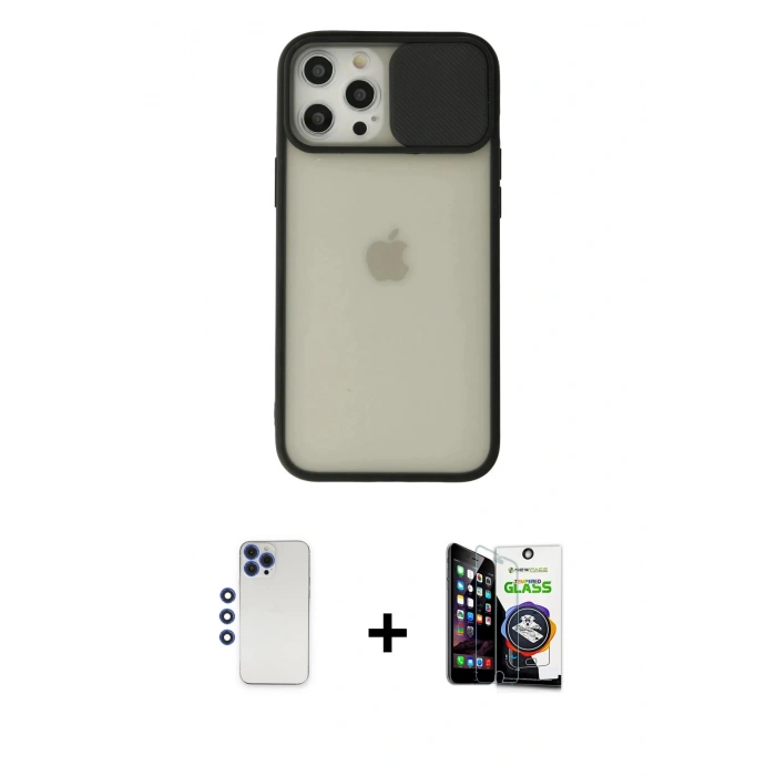 MARSİLYAN™- iPhone 12 Pro Max Kılıf Vadi Çizgi - Şeffaf Temperli Cam Ekran Koruyucu + Shine Kamera Lens - LT