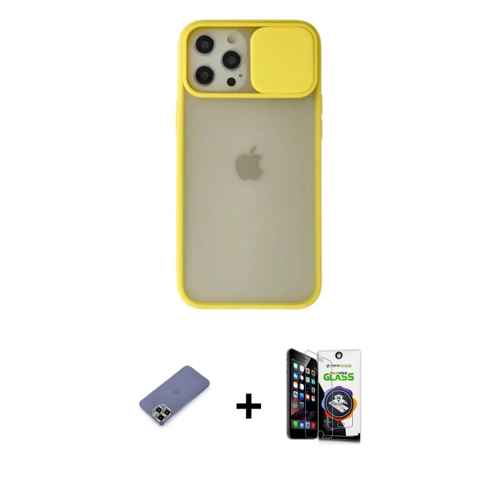 MARSİLYAN™- iPhone 12 Pro Max Kılıf Vadi Çizgi - Şeffaf Temperli Cam Ekran Koruyucu + Metal Kamera Lens Koruma Cam - GD