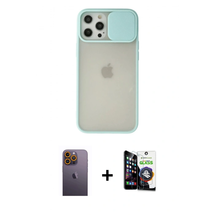 MARSİLYAN™- iPhone 12 Pro Max Kılıf Vadi Çizgi - Şeffaf Temperli Cam Ekran Koruyucu + Neon Fosforlu Kamera Lens - SI