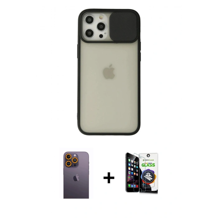 MARSİLYAN™- iPhone 12 Pro Max Kılıf Vadi Çizgi - Şeffaf Temperli Cam Ekran Koruyucu + Neon Fosforlu Kamera Lens - SI