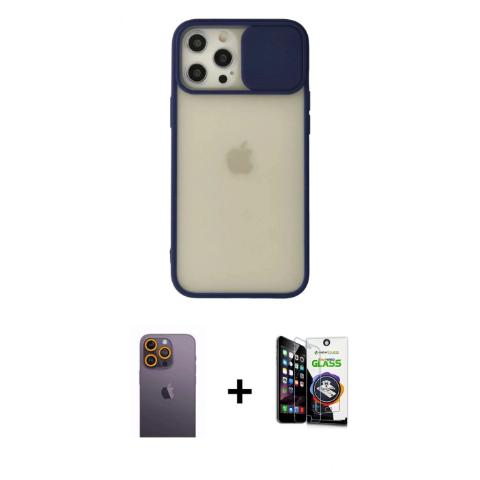 MARSİLYAN™- iPhone 12 Pro Max Kılıf Vadi Çizgi - Şeffaf Temperli Cam Ekran Koruyucu + Neon Fosforlu Kamera Lens - SI