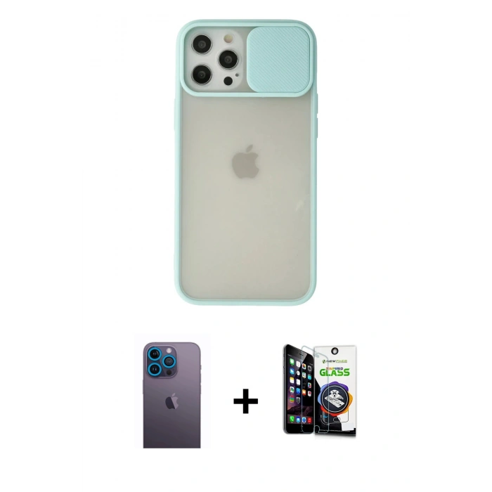 MARSİLYAN™- iPhone 12 Pro Max Kılıf Vadi Çizgi - Şeffaf Temperli Cam Ekran Koruyucu + Neon Fosforlu Kamera Lens - MI