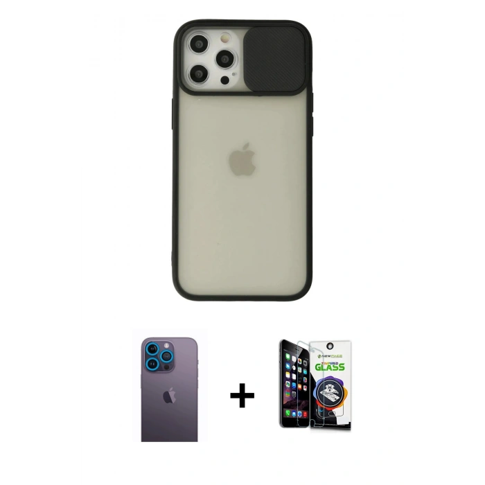 MARSİLYAN™- iPhone 12 Pro Max Kılıf Vadi Çizgi - Şeffaf Temperli Cam Ekran Koruyucu + Neon Fosforlu Kamera Lens - MI