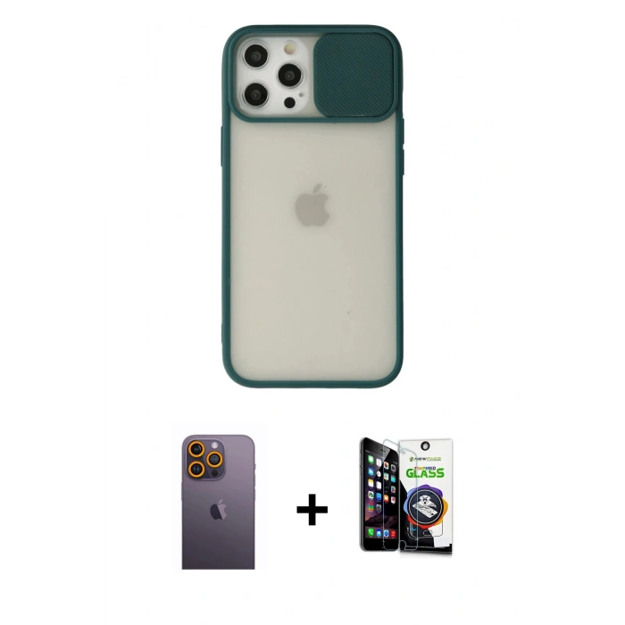 MARSİLYAN™- iPhone 12 Pro Max Kılıf Vadi Çizgi - Şeffaf Temperli Cam Ekran Koruyucu + Neon Fosforlu Kamera Lens - SI