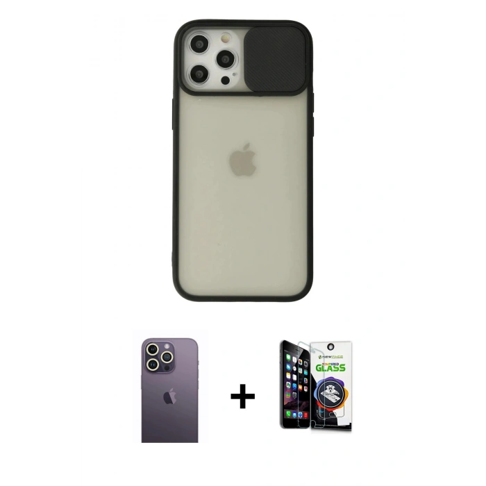 MARSİLYAN™- iPhone 12 Pro Max Kılıf Vadi Çizgi - Şeffaf Temperli Cam Ekran Koruyucu + Neon Fosforlu Kamera Lens - BZ