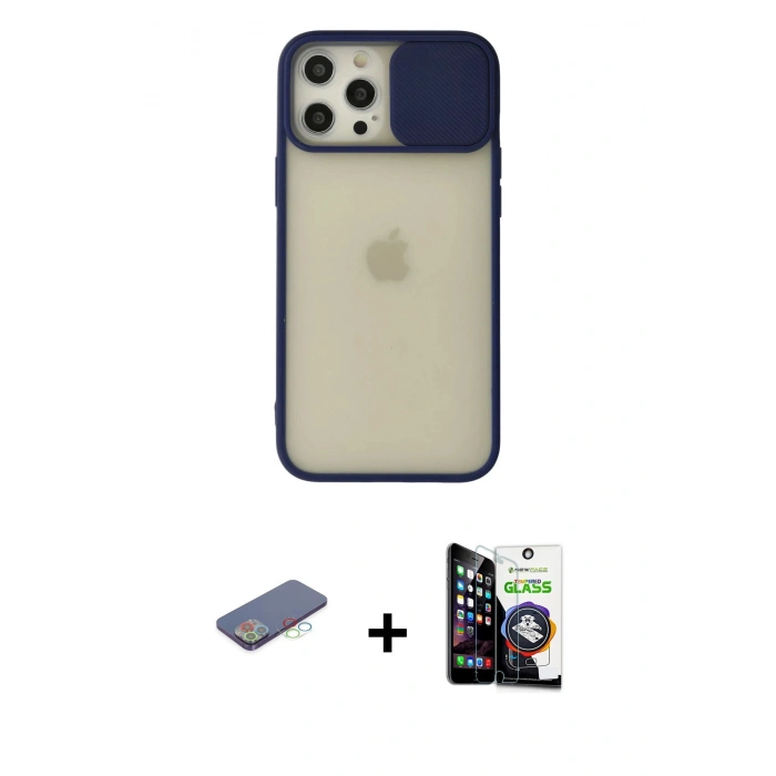 MARSİLYAN™- iPhone 12 Pro Max Kılıf Vadi Çizgi - Şeffaf Temperli Cam Ekran Koruyucu + Renkli Kamera Lens Koruma Cam - MI
