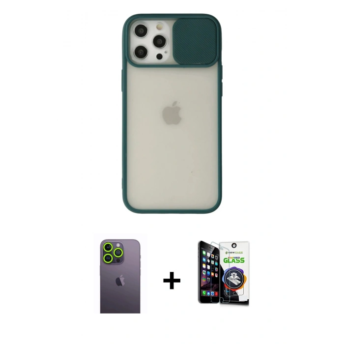 MARSİLYAN™- iPhone 12 Pro Max Kılıf Vadi Çizgi - Şeffaf Temperli Cam Ekran Koruyucu + Neon Fosforlu Kamera Lens - YL