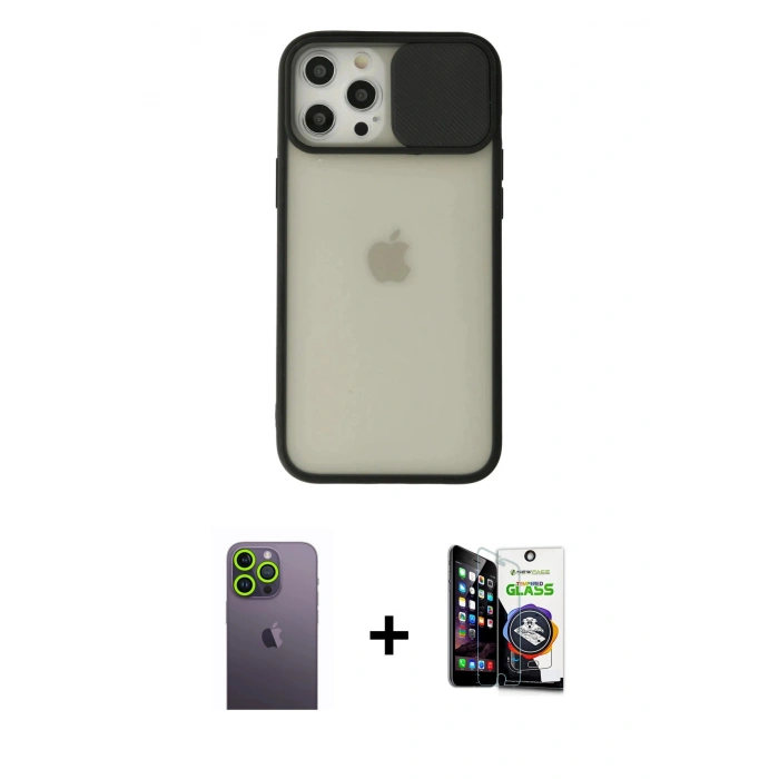 MARSİLYAN™- iPhone 12 Pro Max Kılıf Vadi Çizgi - Şeffaf Temperli Cam Ekran Koruyucu + Neon Fosforlu Kamera Lens - YL