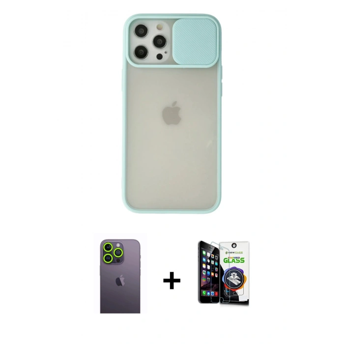 MARSİLYAN™- iPhone 12 Pro Max Kılıf Vadi Çizgi - Şeffaf Temperli Cam Ekran Koruyucu + Neon Fosforlu Kamera Lens - YL