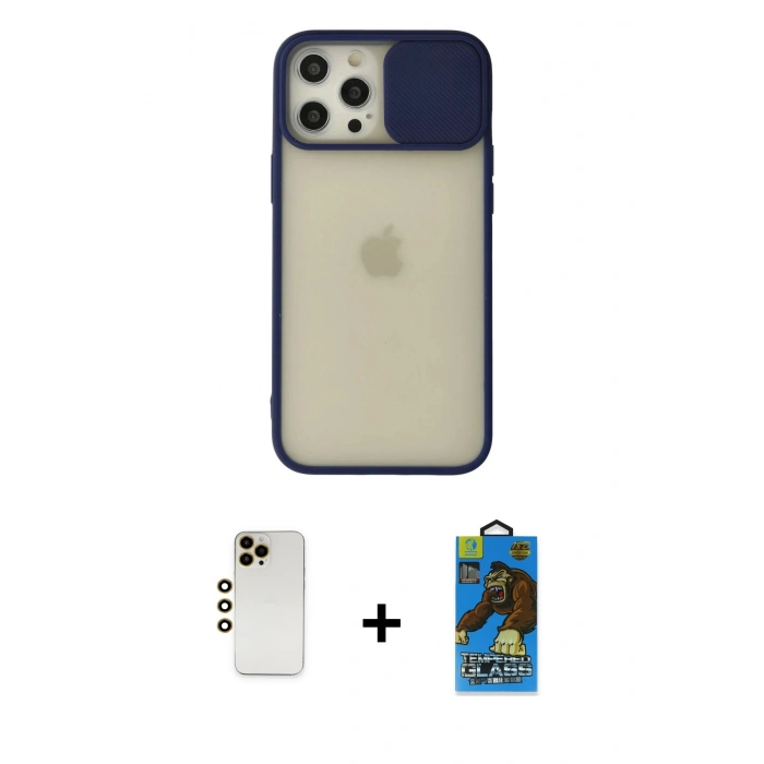 MARSİLYAN™- iPhone 12 Pro Max Kılıf Vadi Çizgi - Siyah 18D Cam Ekran Koruyucu + Shine Kamera Lens - GD