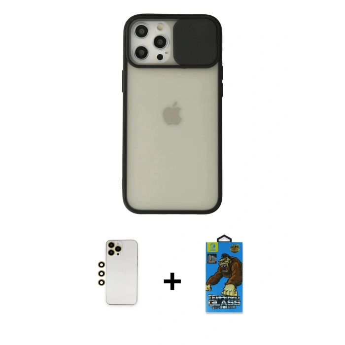 MARSİLYAN™- iPhone 12 Pro Max Kılıf Vadi Çizgi - Siyah 18D Cam Ekran Koruyucu + Shine Kamera Lens - GD