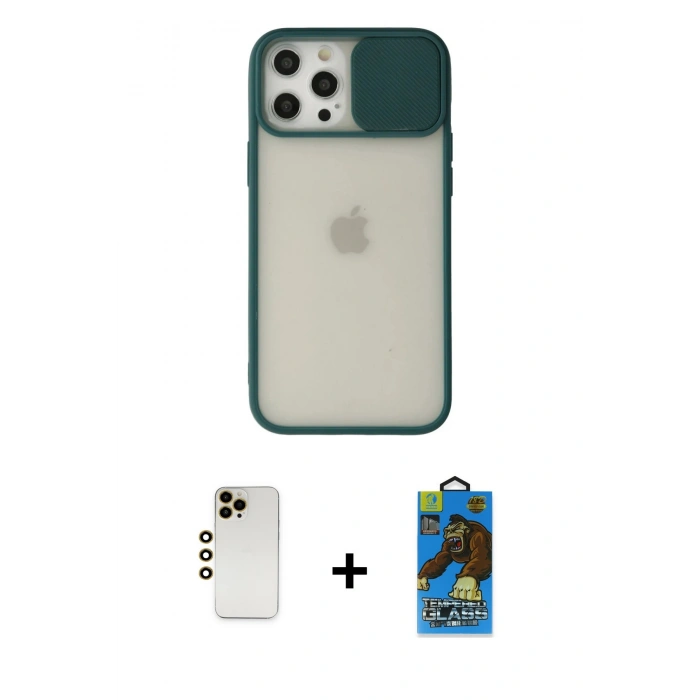 MARSİLYAN™- iPhone 12 Pro Max Kılıf Vadi Çizgi - Siyah 18D Cam Ekran Koruyucu + Shine Kamera Lens - GD