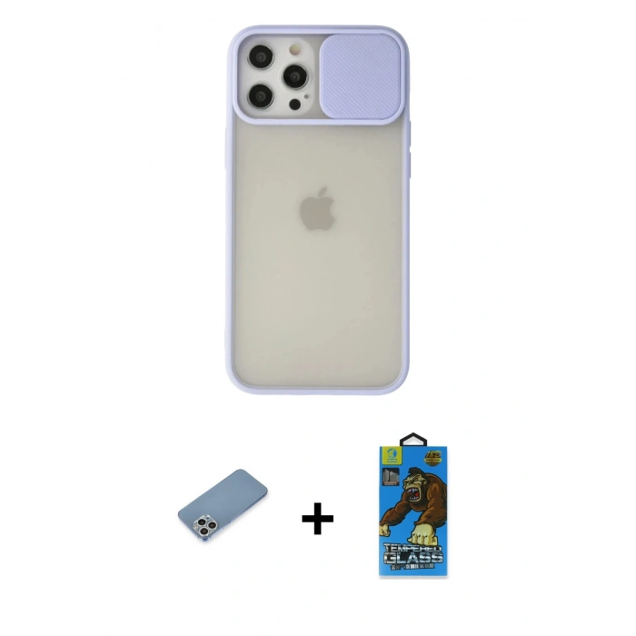 MARSİLYAN™- iPhone 12 Pro Max Kılıf Vadi Çizgi - Siyah 18D Cam Ekran Koruyucu + Shine Kamera Lens Koruma Cam - GS
