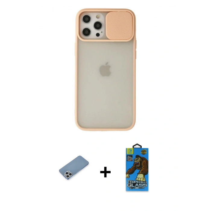 MARSİLYAN™- iPhone 12 Pro Max Kılıf Vadi Çizgi - Siyah 18D Cam Ekran Koruyucu + Shine Kamera Lens Koruma Cam - GS