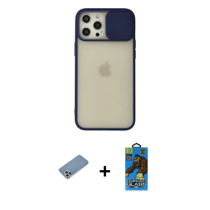 MARSİLYAN™- iPhone 12 Pro Max Kılıf Vadi Çizgi - Siyah 18D Cam Ekran Koruyucu + Shine Kamera Lens Koruma Cam - GS