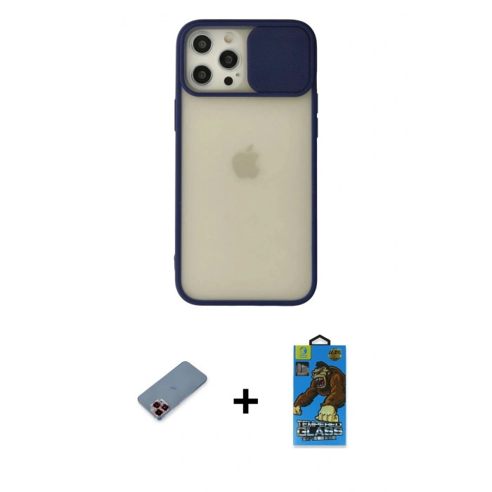 MARSİLYAN™- iPhone 12 Pro Max Kılıf Vadi Çizgi - Siyah 18D Cam Ekran Koruyucu + Metal Kamera Lens Koruma Cam - KI