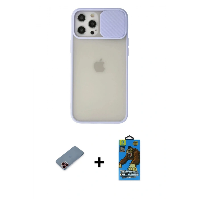 MARSİLYAN™- iPhone 12 Pro Max Kılıf Vadi Çizgi - Siyah 18D Cam Ekran Koruyucu + Metal Kamera Lens Koruma Cam - KI
