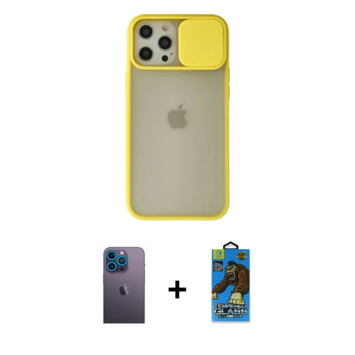 MARSİLYAN™- iPhone 12 Pro Max Kılıf Vadi Çizgi - Siyah 18D Cam Ekran Koruyucu + Neon Fosforlu Kamera Lens - MI