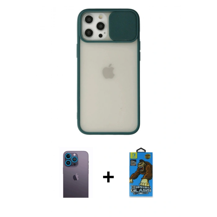 MARSİLYAN™- iPhone 12 Pro Max Kılıf Vadi Çizgi - Siyah 18D Cam Ekran Koruyucu + Neon Fosforlu Kamera Lens - MI