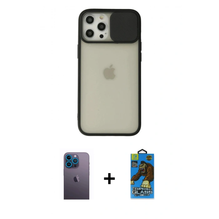 MARSİLYAN™- iPhone 12 Pro Max Kılıf Vadi Çizgi - Siyah 18D Cam Ekran Koruyucu + Neon Fosforlu Kamera Lens - MI