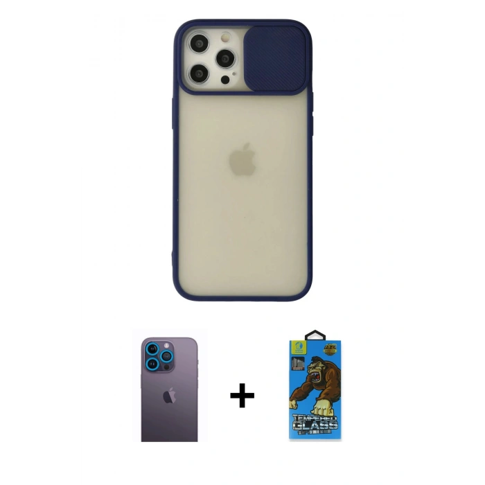 MARSİLYAN™- iPhone 12 Pro Max Kılıf Vadi Çizgi - Siyah 18D Cam Ekran Koruyucu + Neon Fosforlu Kamera Lens - MI