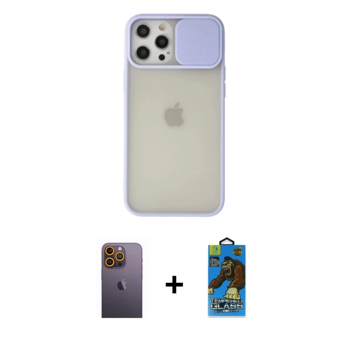 MARSİLYAN™- iPhone 12 Pro Max Kılıf Vadi Çizgi - Siyah 18D Cam Ekran Koruyucu + Neon Fosforlu Kamera Lens - SI