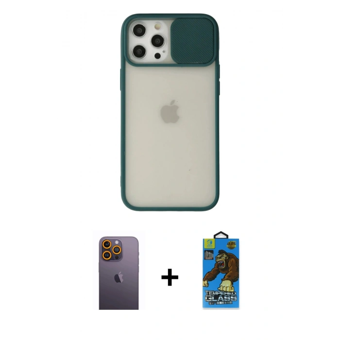 MARSİLYAN™- iPhone 12 Pro Max Kılıf Vadi Çizgi - Siyah 18D Cam Ekran Koruyucu + Neon Fosforlu Kamera Lens - SI