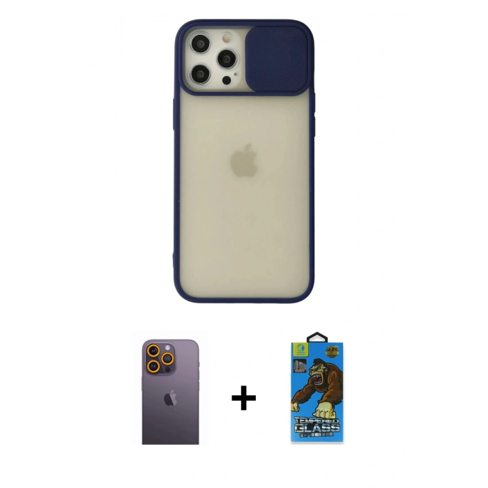 MARSİLYAN™- iPhone 12 Pro Max Kılıf Vadi Çizgi - Siyah 18D Cam Ekran Koruyucu + Neon Fosforlu Kamera Lens - SI