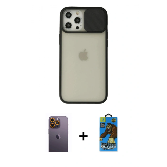 MARSİLYAN™- iPhone 12 Pro Max Kılıf Vadi Çizgi - Siyah 18D Cam Ekran Koruyucu + Neon Fosforlu Kamera Lens - SI