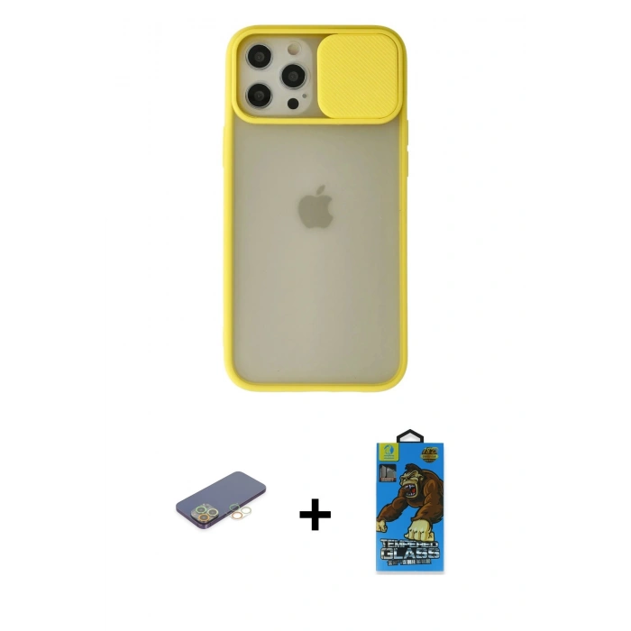 MARSİLYAN™- iPhone 12 Pro Max Kılıf Vadi Çizgi - Siyah 18D Cam Ekran Koruyucu + Sarı Renkli Kamera Lens Koruma Cam