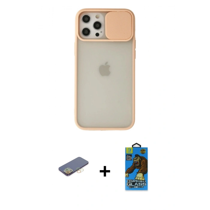 MARSİLYAN™- iPhone 12 Pro Max Kılıf Vadi Çizgi - Siyah 18D Cam Ekran Koruyucu + Sarı Renkli Kamera Lens Koruma Cam