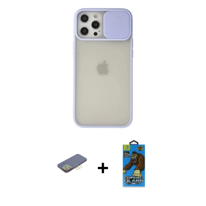 MARSİLYAN™- iPhone 12 Pro Max Kılıf Vadi Çizgi - Siyah 18D Cam Ekran Koruyucu + Sarı Renkli Kamera Lens Koruma Cam