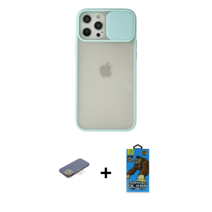 MARSİLYAN™- iPhone 12 Pro Max Kılıf Vadi Çizgi - Siyah 18D Cam Ekran Koruyucu + Sarı Renkli Kamera Lens Koruma Cam