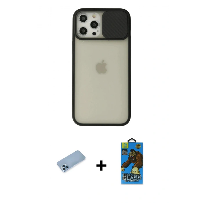 MARSİLYAN™- iPhone 12 Pro Max Kılıf Vadi Çizgi - Siyah 18D Cam Ekran Koruyucu + Shine Kamera Lens Koruma Cam - MI