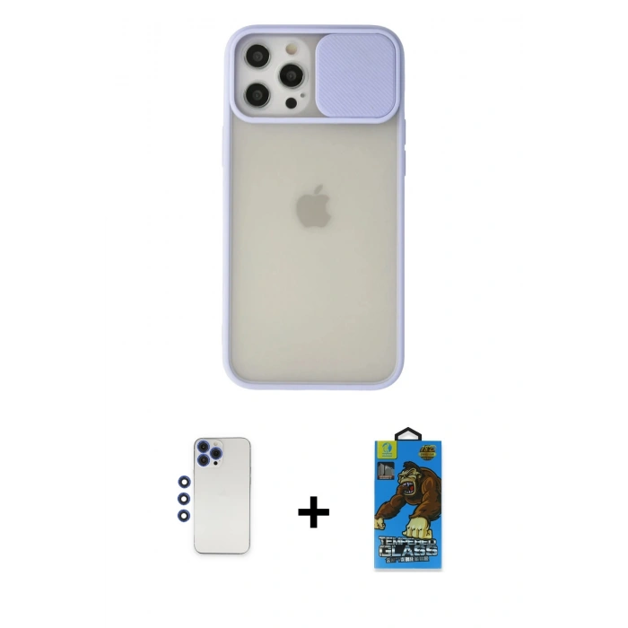 MARSİLYAN™- iPhone 12 Pro Max Kılıf Vadi Çizgi - Siyah 18D Cam Ekran Koruyucu + Shine Kamera Lens - LT
