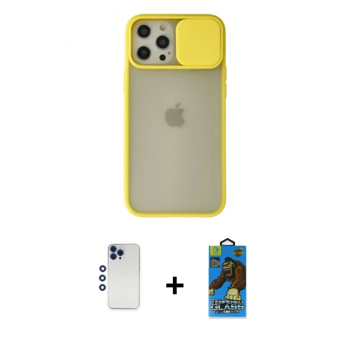 MARSİLYAN™- iPhone 12 Pro Max Kılıf Vadi Çizgi - Siyah 18D Cam Ekran Koruyucu + Shine Kamera Lens - LT