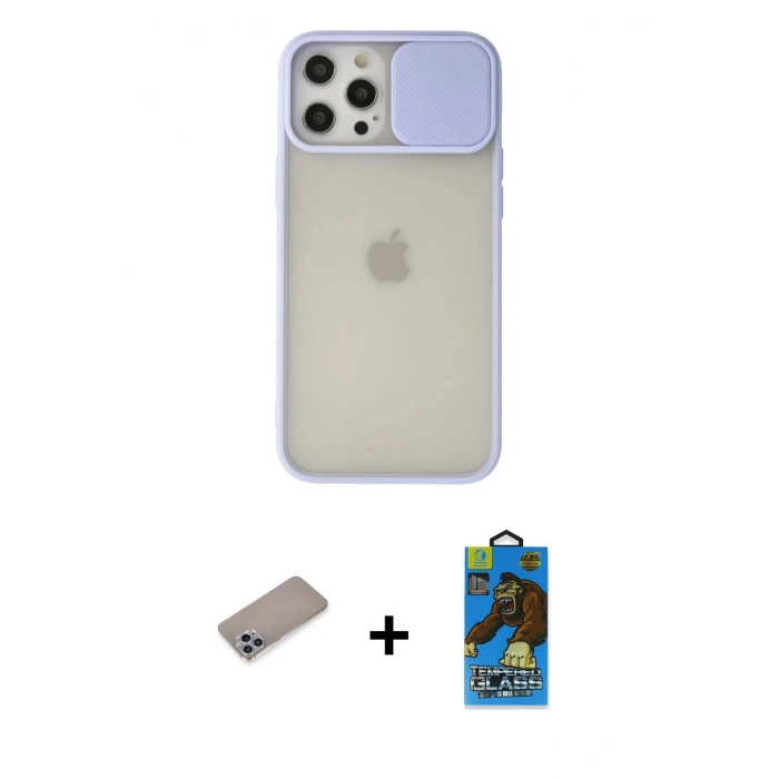 MARSİLYAN™- iPhone 12 Pro Max Kılıf Vadi Çizgi - Siyah 18D Cam Ekran Koruyucu + Shine Kamera Lens Koruma Cam - SABE