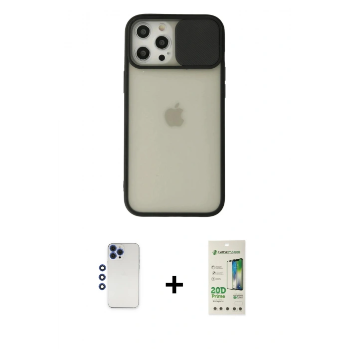 MARSİLYAN™- iPhone 12 Pro Max Kılıf Vadi Çizgi - Siyah 20D Premium Cam Ekran Koruyucu + Shine Kamera Lens - LT