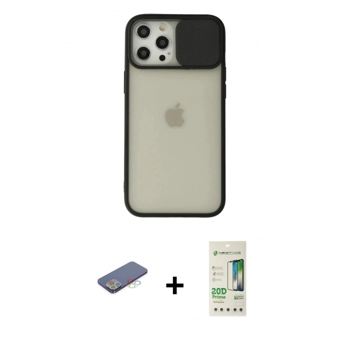MARSİLYAN™- iPhone 12 Pro Max Kılıf Vadi Çizgi - Siyah 20D Premium Cam Ekran Koruyucu + Renkli Kamera Lens Koruma Cam - MI