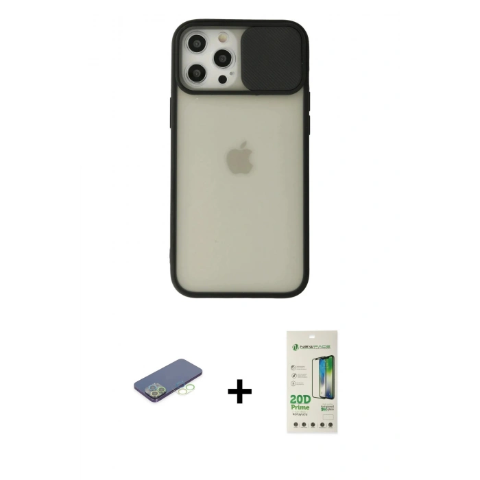 MARSİLYAN™- iPhone 12 Pro Max Kılıf Vadi Çizgi - Siyah 20D Premium Cam Ekran Koruyucu + Renkli Kamera Lens Koruma Cam - YL