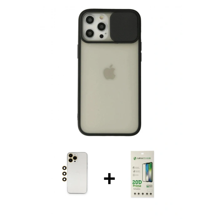 MARSİLYAN™- iPhone 12 Pro Max Kılıf Vadi Çizgi - Siyah 20D Premium Cam Ekran Koruyucu + Shine Kamera Lens - GD